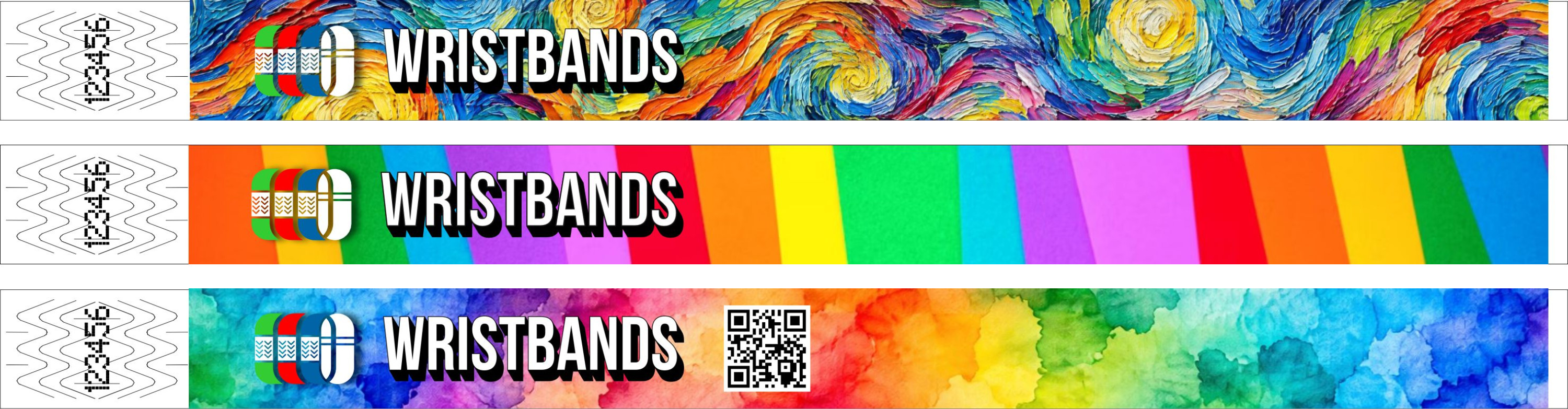 Tres pulseras con impresión a todo color: un cuadro, bloques de color y un código QR