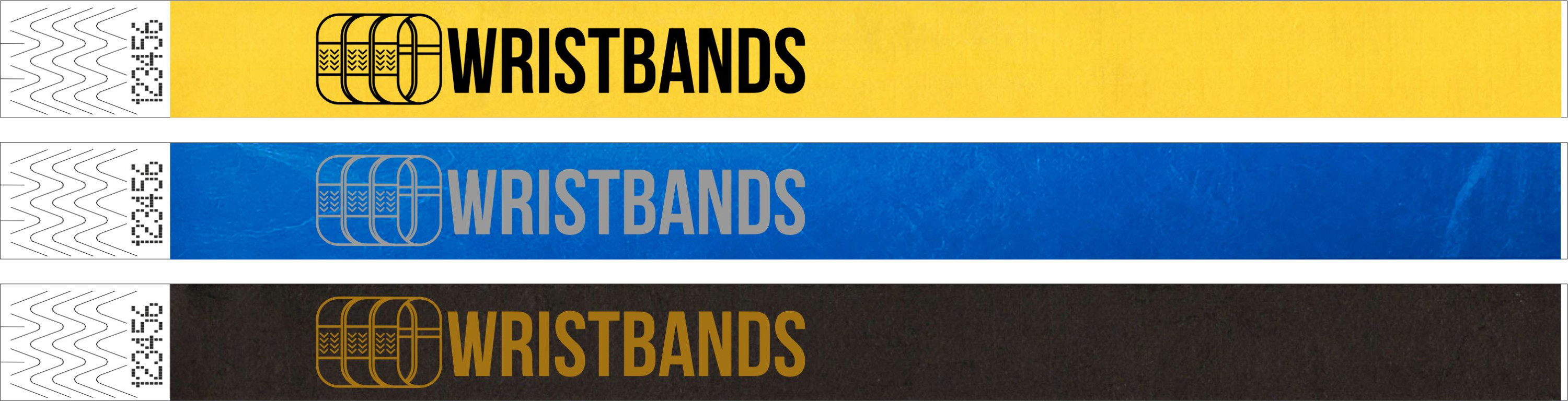 Tres pulseras Tyvek impresas en negro, plata y oro