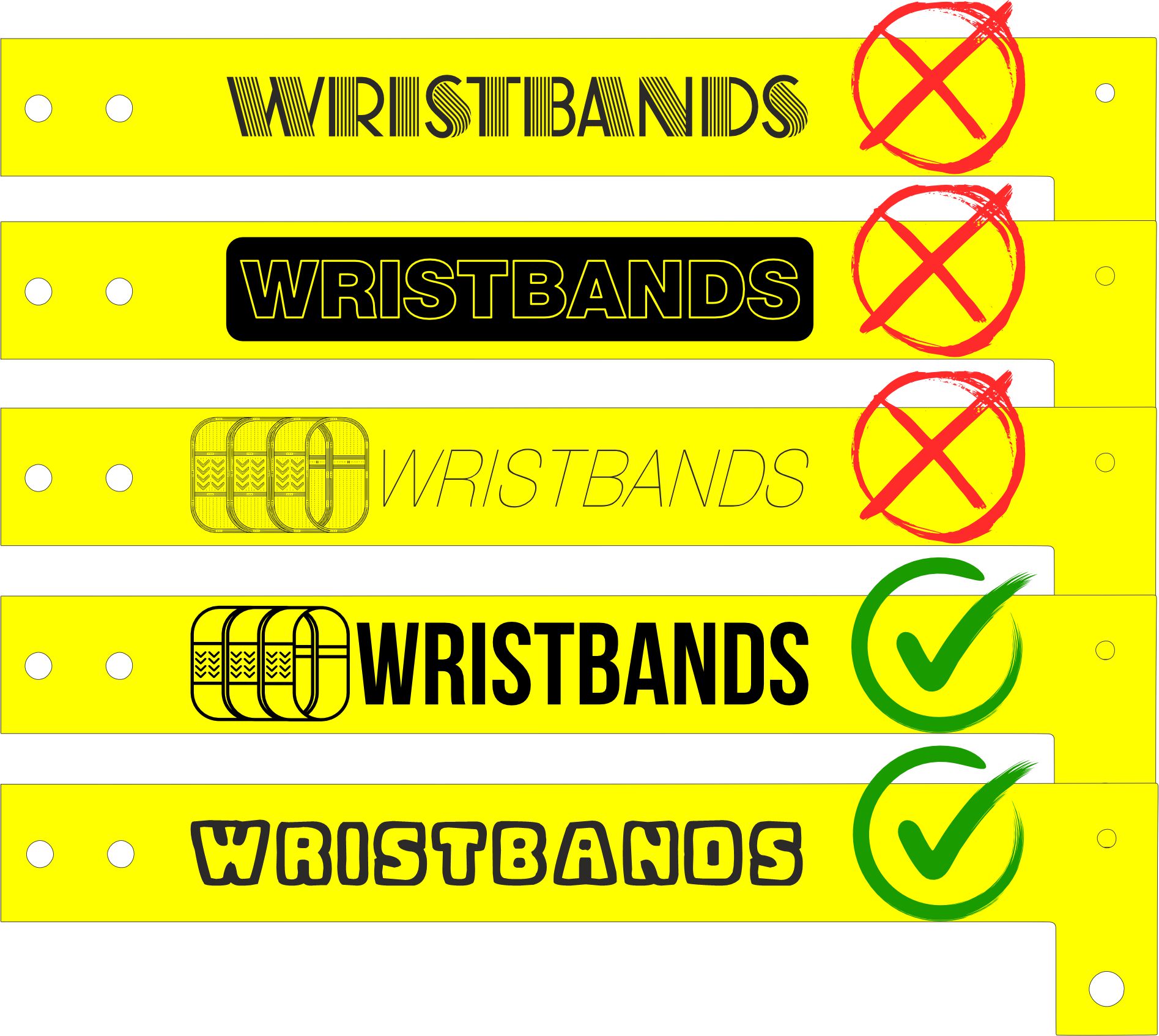 Cinco pulseras de vinilo: tres diseños rechazados, hechos con líneas finísimas, contornos y detalles finos, y dos diseños aceptados, dibujados con formas macizas