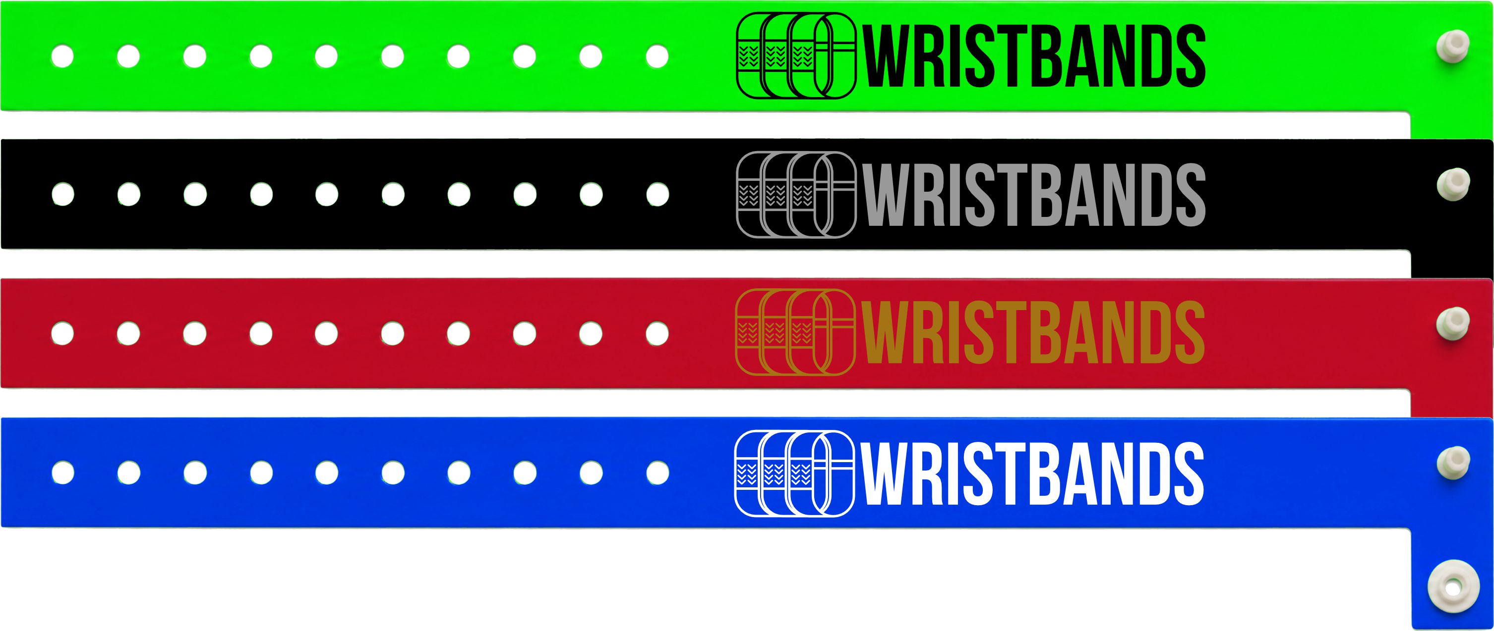 Cuatro pulseras de vinilo: impresión negra sobre verde neón, plateada sobre negro, dorada sobre rojo y blanca sobre azul