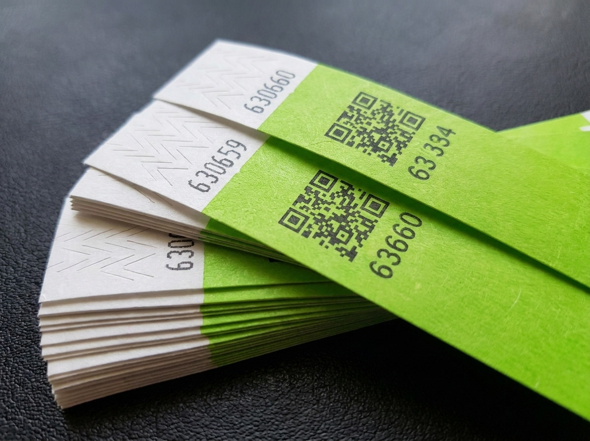 Pila de pulseras Tyvek personalizadas con codigo QR y numeracion secuencial, cierre anti-transferencia visible