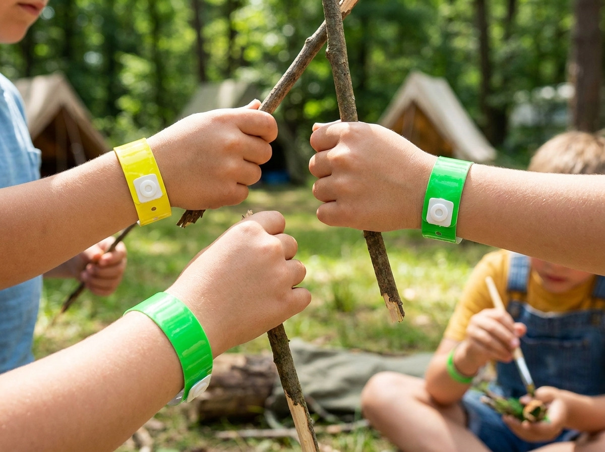 Pulseras de Tyvek de colores para mini-club de camping, llevadas por ninos participando en una actividad al aire libre