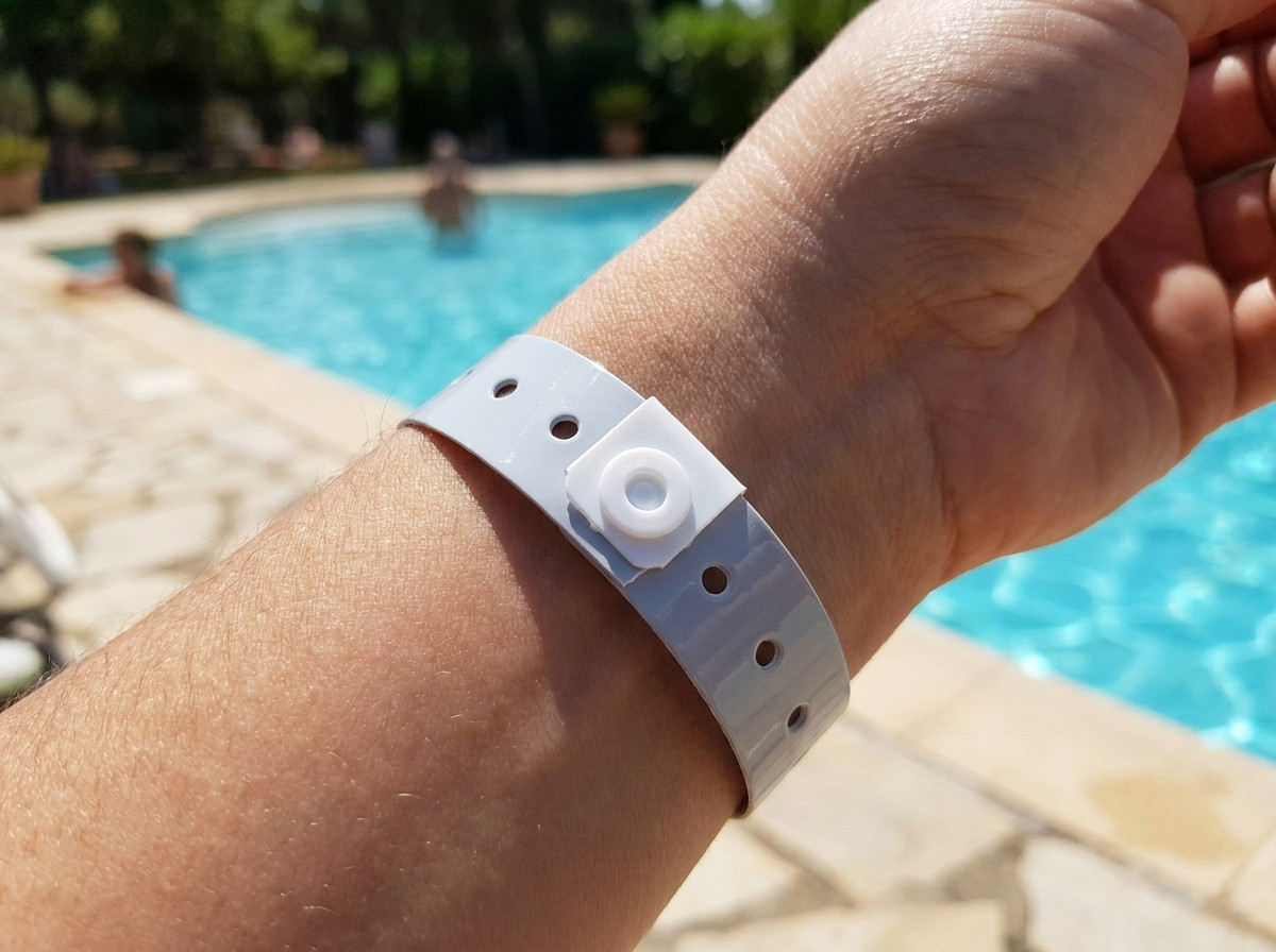 Pulsera de Tyvek discreta en la muneca en un entorno naturista soleado, borde de piscina