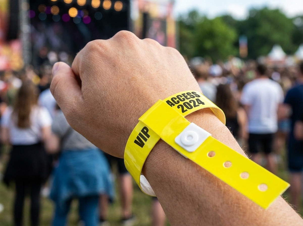 pulsera identificativa de colores en la muneca de un campista adulto cerca de una piscina de camping en verano