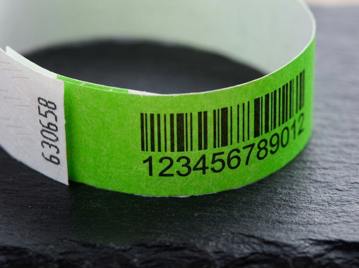 Primer plano de una pulsera Tyvek impresa con un codigo de barras Code 128 y un numero secuencial, colocada sobre una superficie oscura