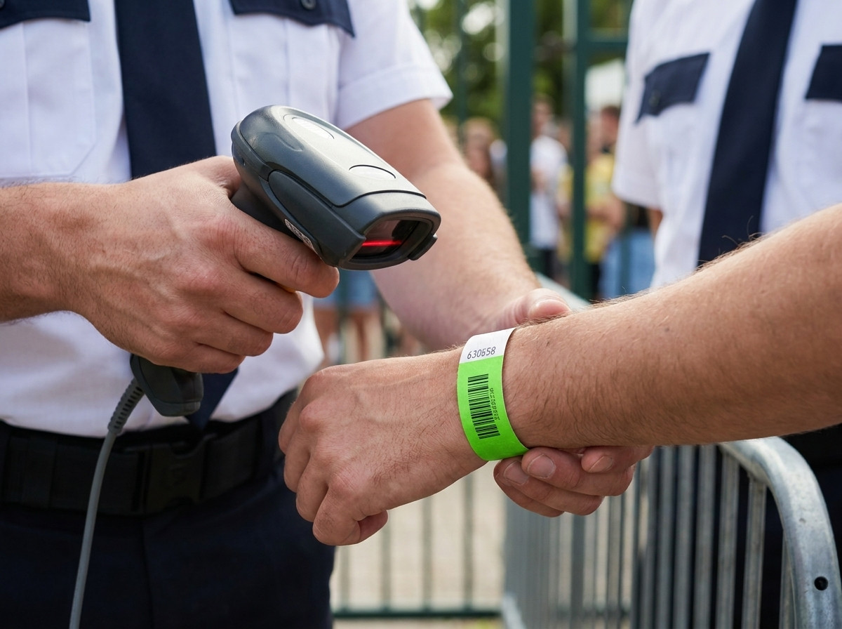 Agente de seguridad escaneando el codigo de barras de una pulsera Tyvek en el control de acceso de un festival al aire libre, con escaner laser en mano