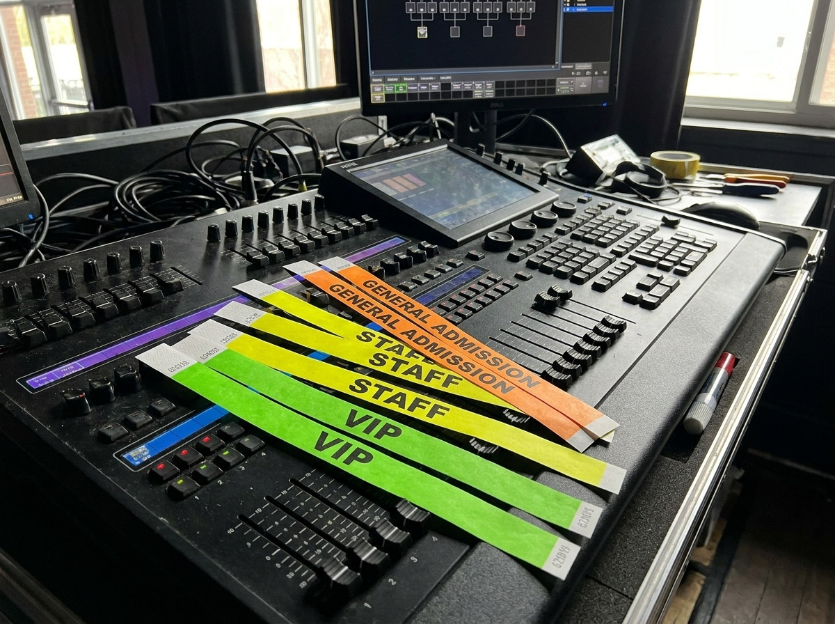 Pulseras de concierto personalizadas en Tyvek, diferentes colores para VIP, staff y publico, colocadas sobre una mesa de control de iluminacion en backstage