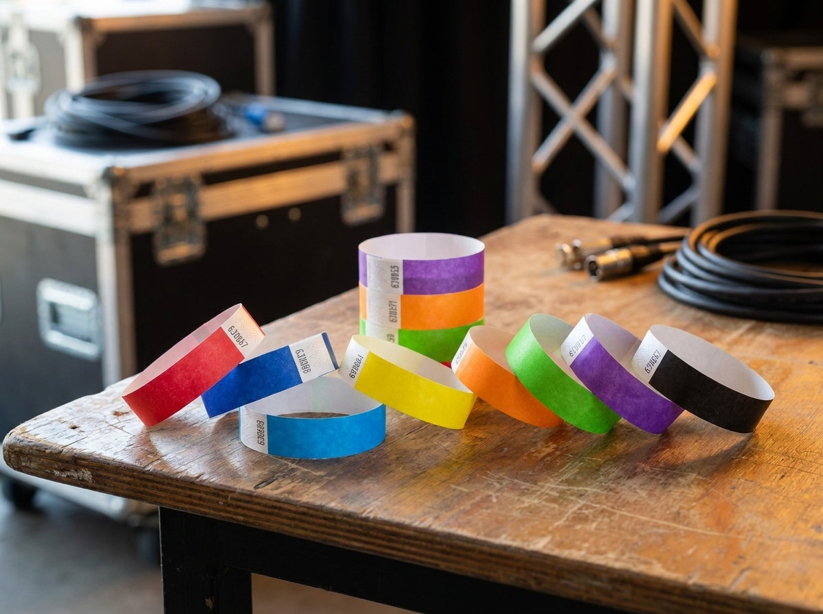 Surtido de pulseras backstage de concierto en de varios colores dispuestas sobre una mesa de produccion escenica
