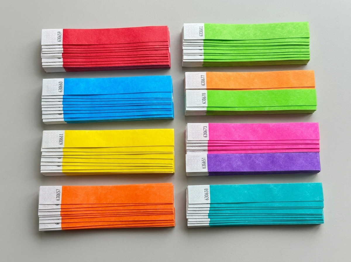 Pulseras de Tyvek de colores para festival de varios escenarios, apiladas por color representando cada escenario y cada dia