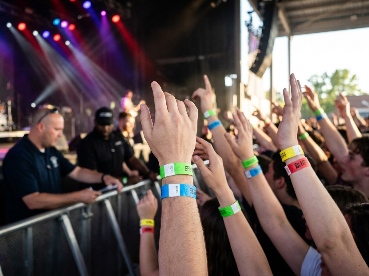 pulseras identificativas de colores llevadas por espectadores en el foso durante un concierto, con agentes de seguridad verificando los accesos en segundo plano