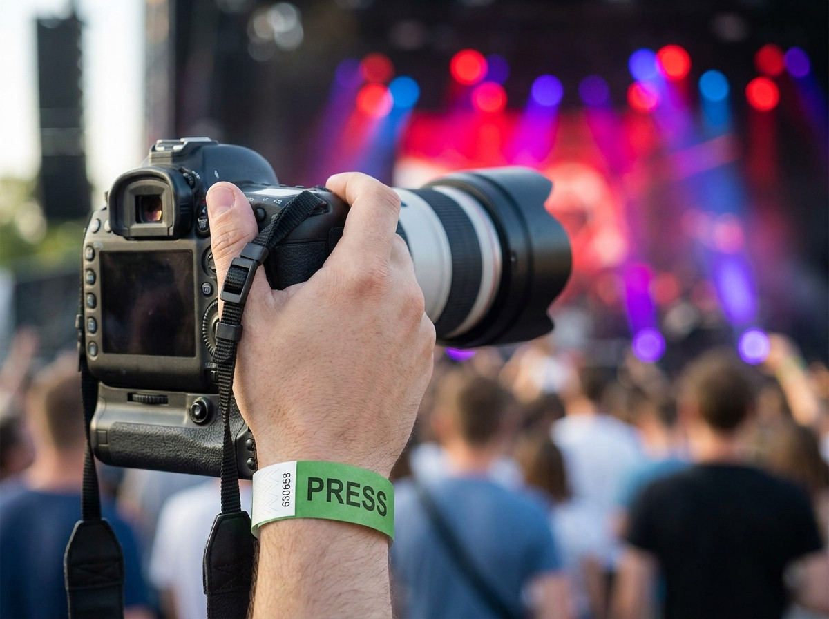 Fotografo en foso llevando una pulsera de prensa personalizada durante un concierto