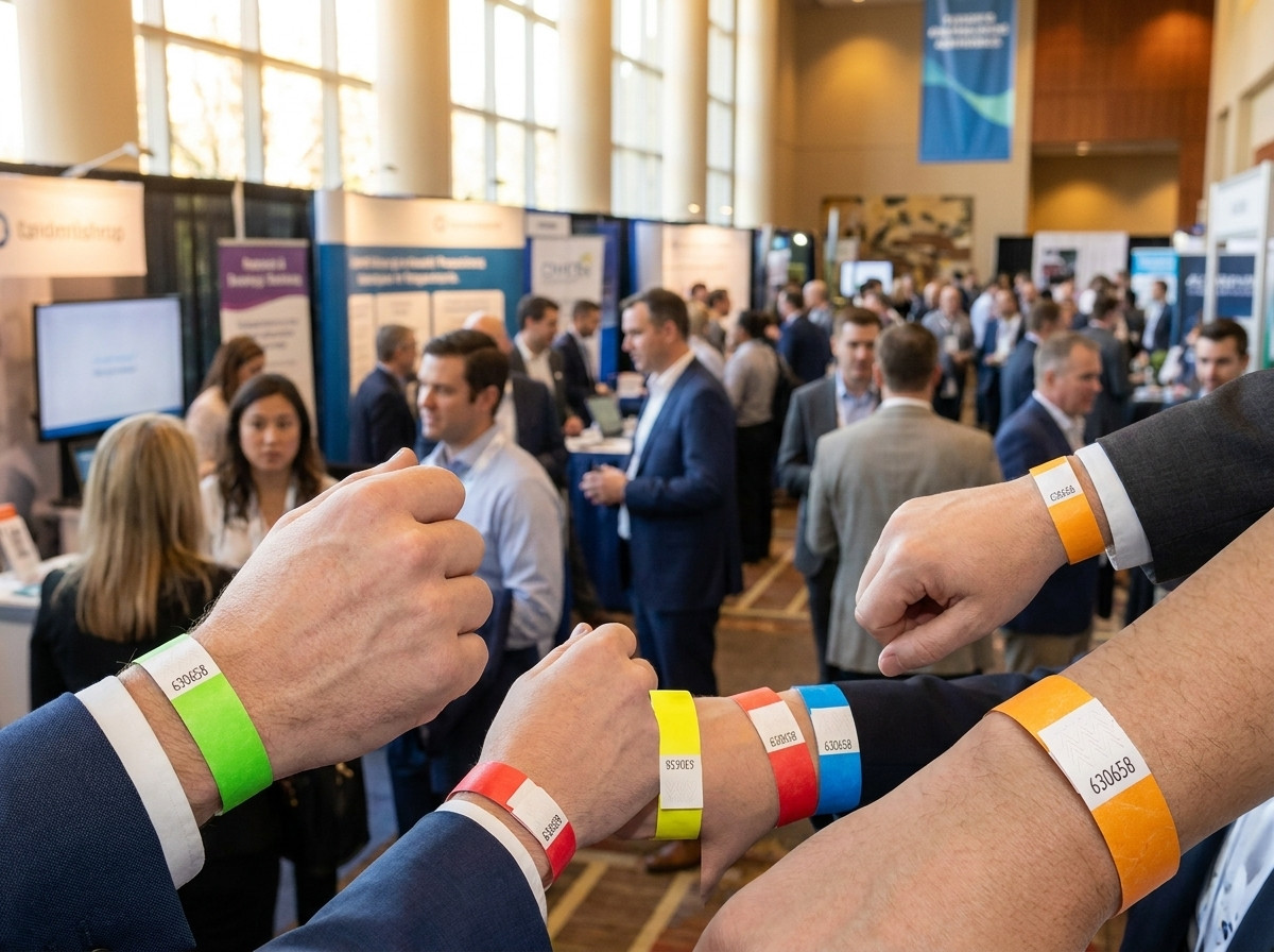 Pulseras de Tyvek de colores llevadas por profesionales a la entrada de un salon B2B, con codigo de barras visible y cierre antitransferencia