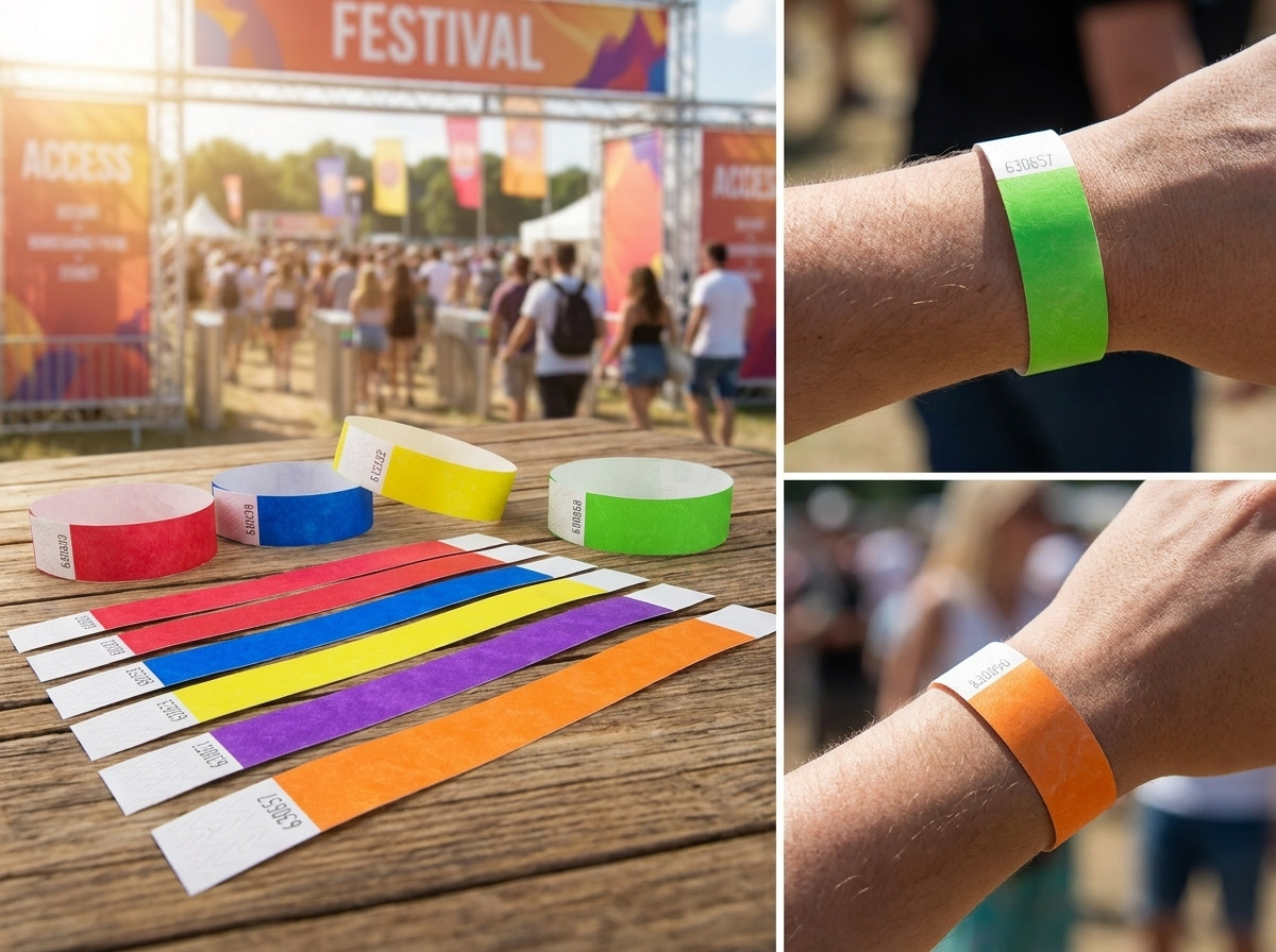 Pulseras de control de acceso de diferentes colores para zonas VIP y reservadas en un festival