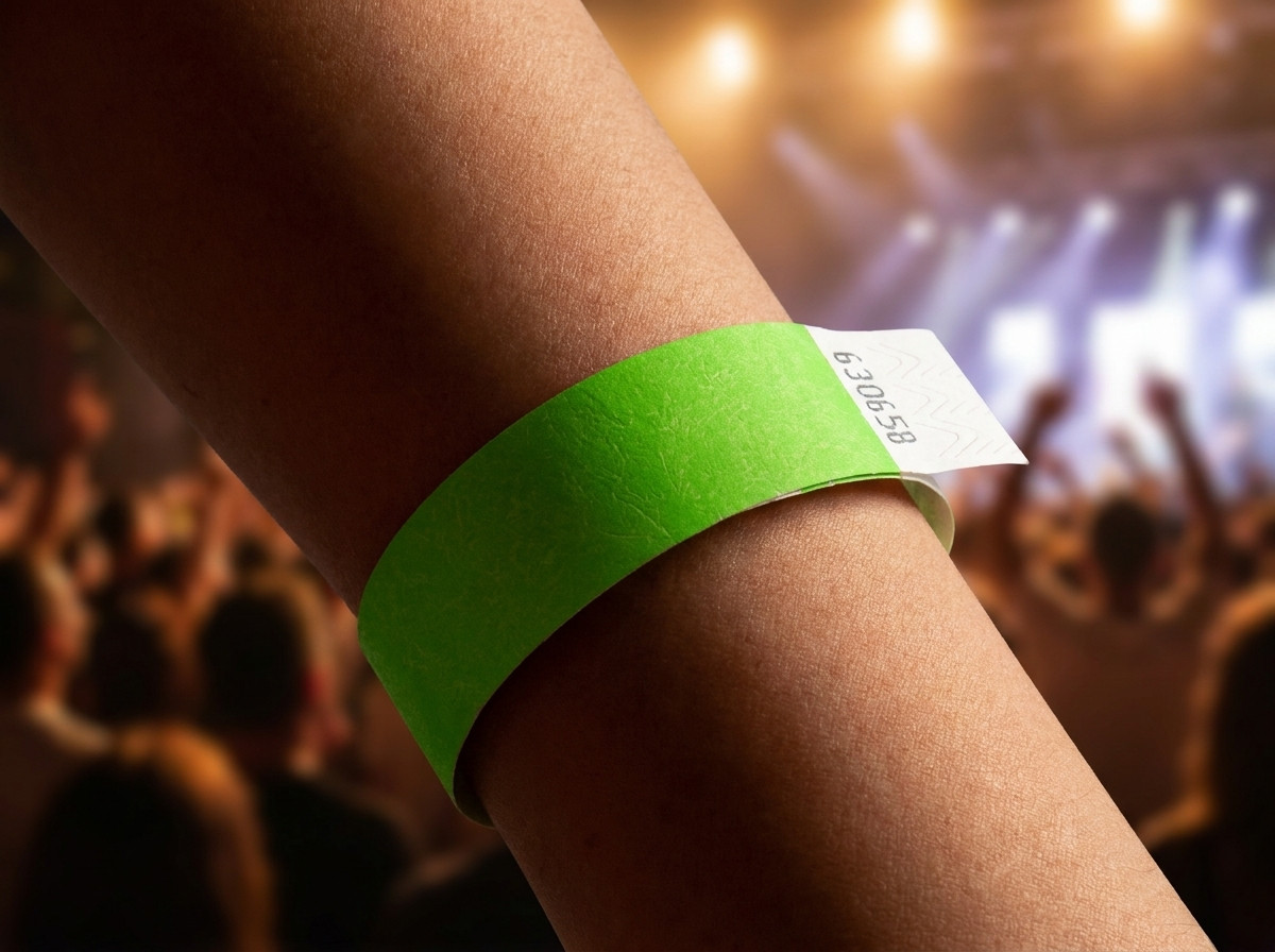 Primer plano de una pulsera identificativa personalizada en la muneca de un corredor de maraton, con numero de dorsal y logo del evento impresos en HD