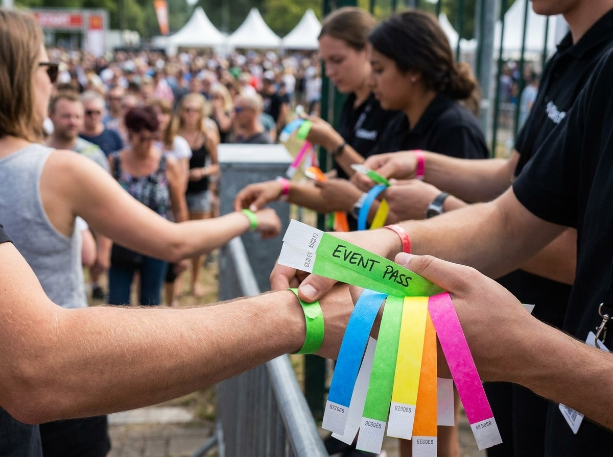 Pulseras Tyvek de colores entregadas a espectadores a la entrada de un estadio durante un partido de fútbol