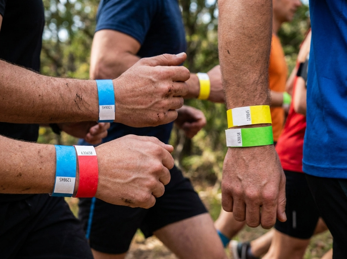 Corredores llevando pulseras Tyvek de colores durante un maratón, con voluntarios en el puesto de avituallamiento verificando los colores de categoría