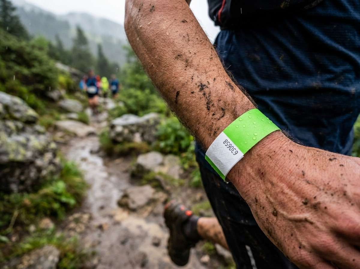 Corredor de trail llevando una pulsera identificativa resistente al barro durante una carrera en montaña