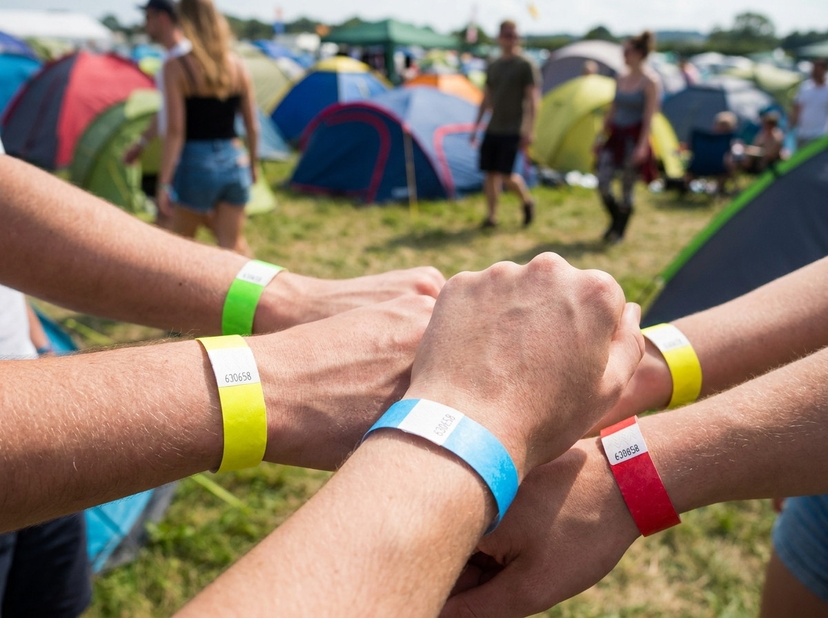 pulseras identificativas de colores llevadas por festivaleros frente a un camping de festival al aire libre con tiendas de campaña al fondo