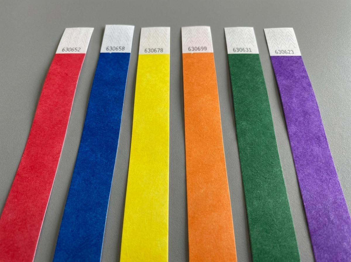 Pulseras de staff de festival en varios colores dispuestas una al lado de la otra, cada una impresa con una función diferente: seguridad, recepción, técnica