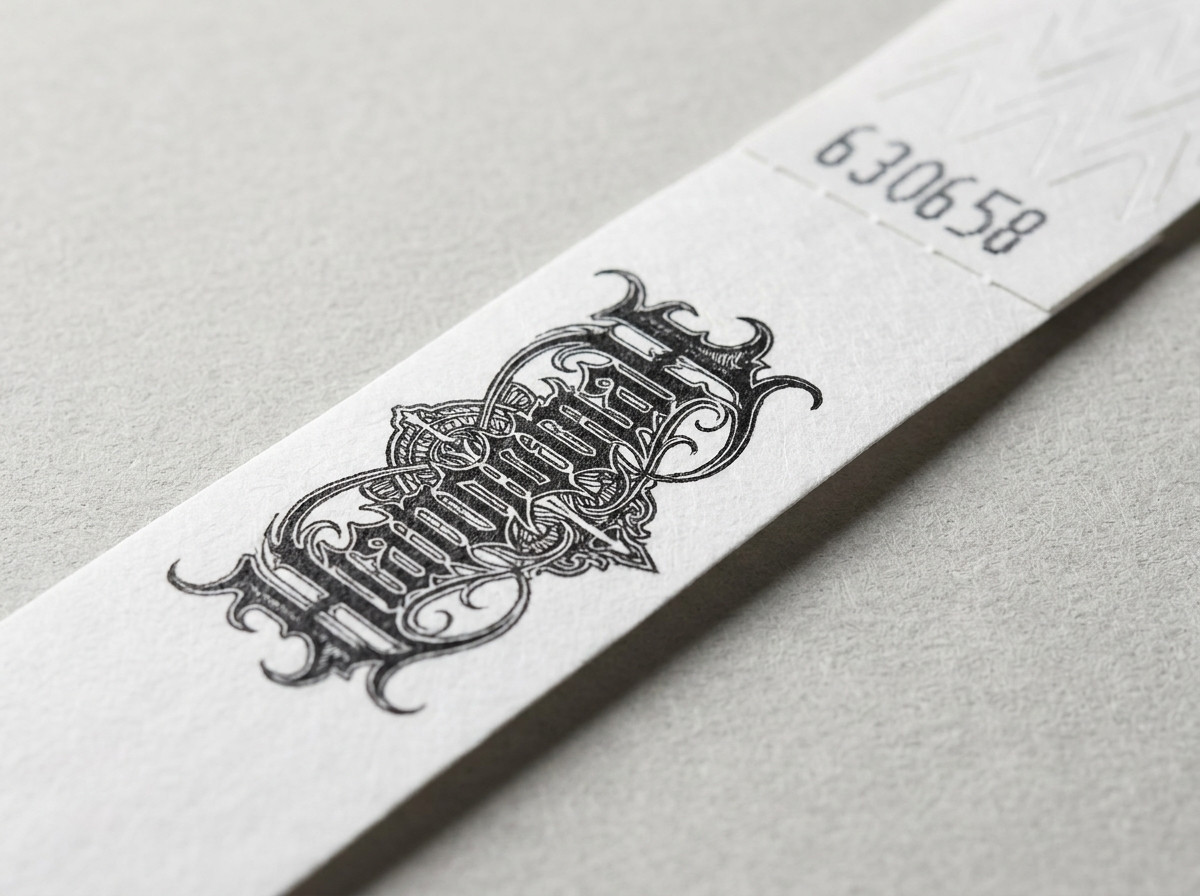 Primer plano de una pulsera Tyvek con impresion HD que muestra un logo complejo de colores vivos y detalles finos
