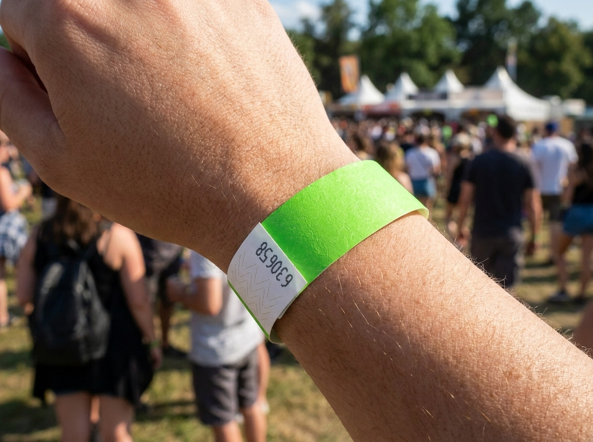 Pulsera de vinilo PVC con foto impresa en alta definicion, llevada en la muneca durante un festival al aire libre