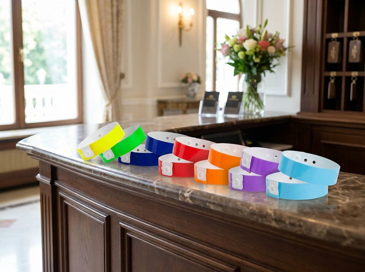 Pulseras todo incluido de colores dispuestas en un mostrador de recepción hotelera, cada color representando una modalidad de estancia diferente