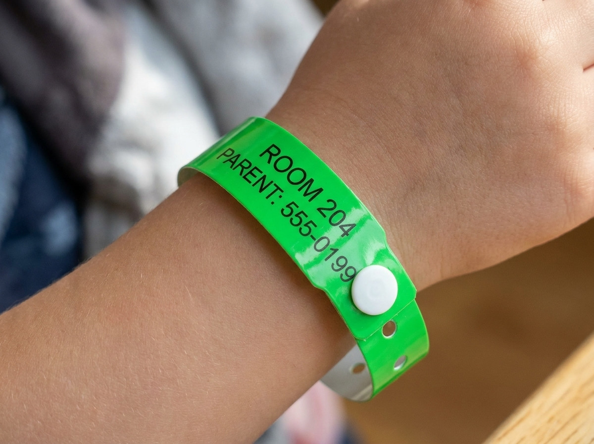 Pulsera Tyvek de colores para niño con número de habitación y contacto parental impresos, llevada en la muñeca de un niño a orillas de una piscina de hotel