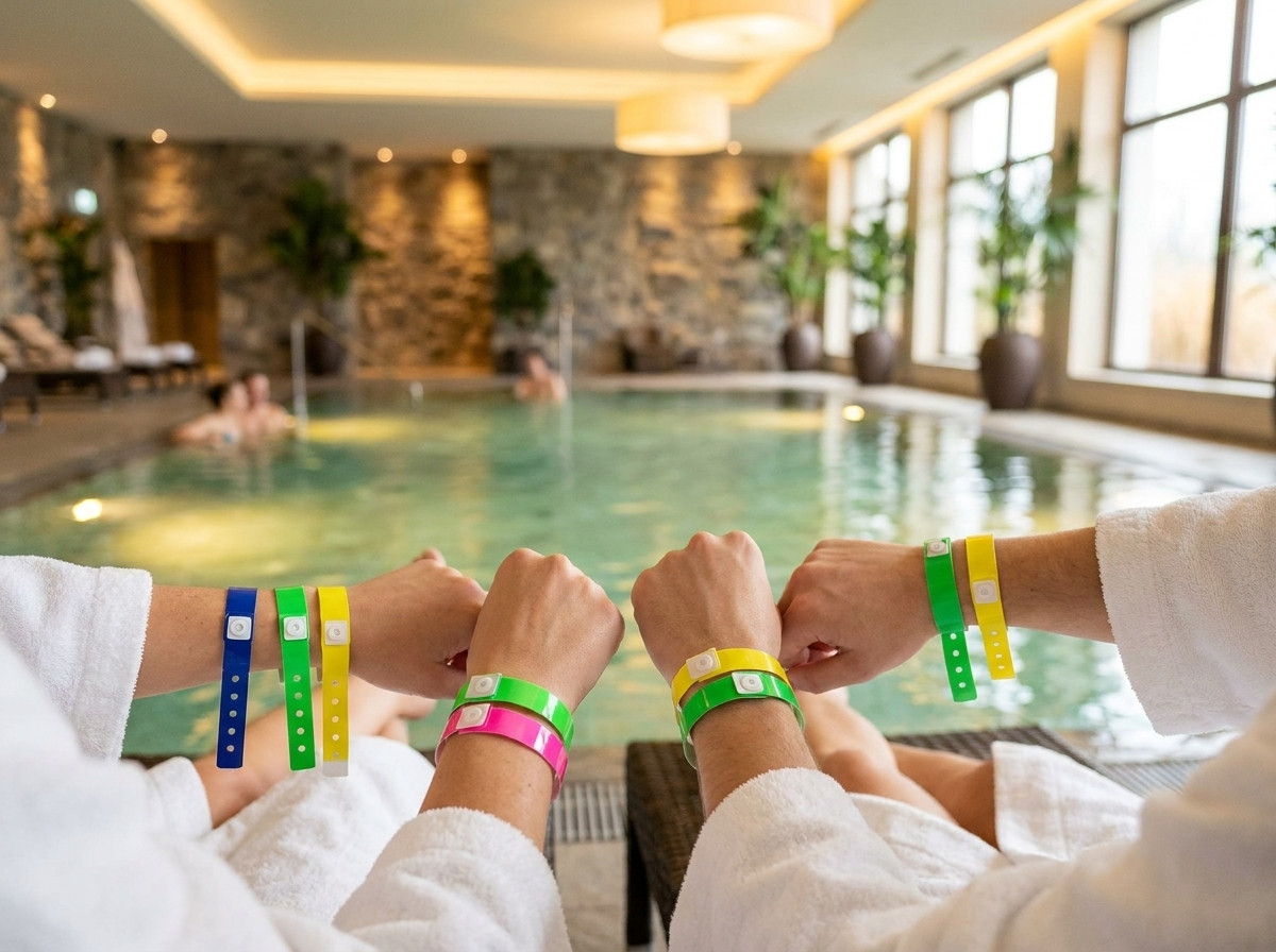 Pulseras de vinilo de colores llevadas en la muñeca de clientes en un espacio spa de hotel con piscina interior y luces tenues