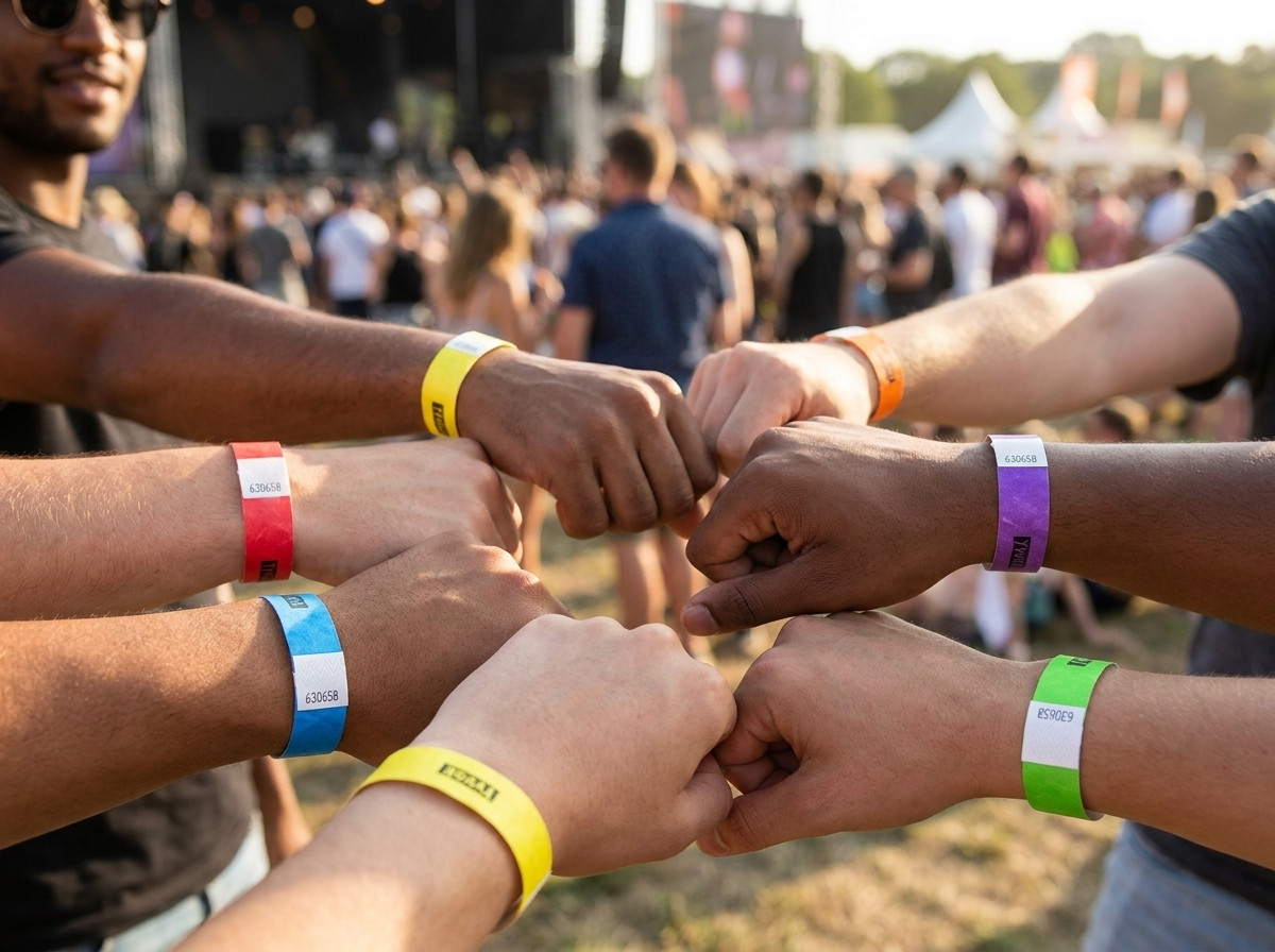 Pulseras Tyvek multicolores para la identificación de categorías de visitantes durante un festival al aire libre