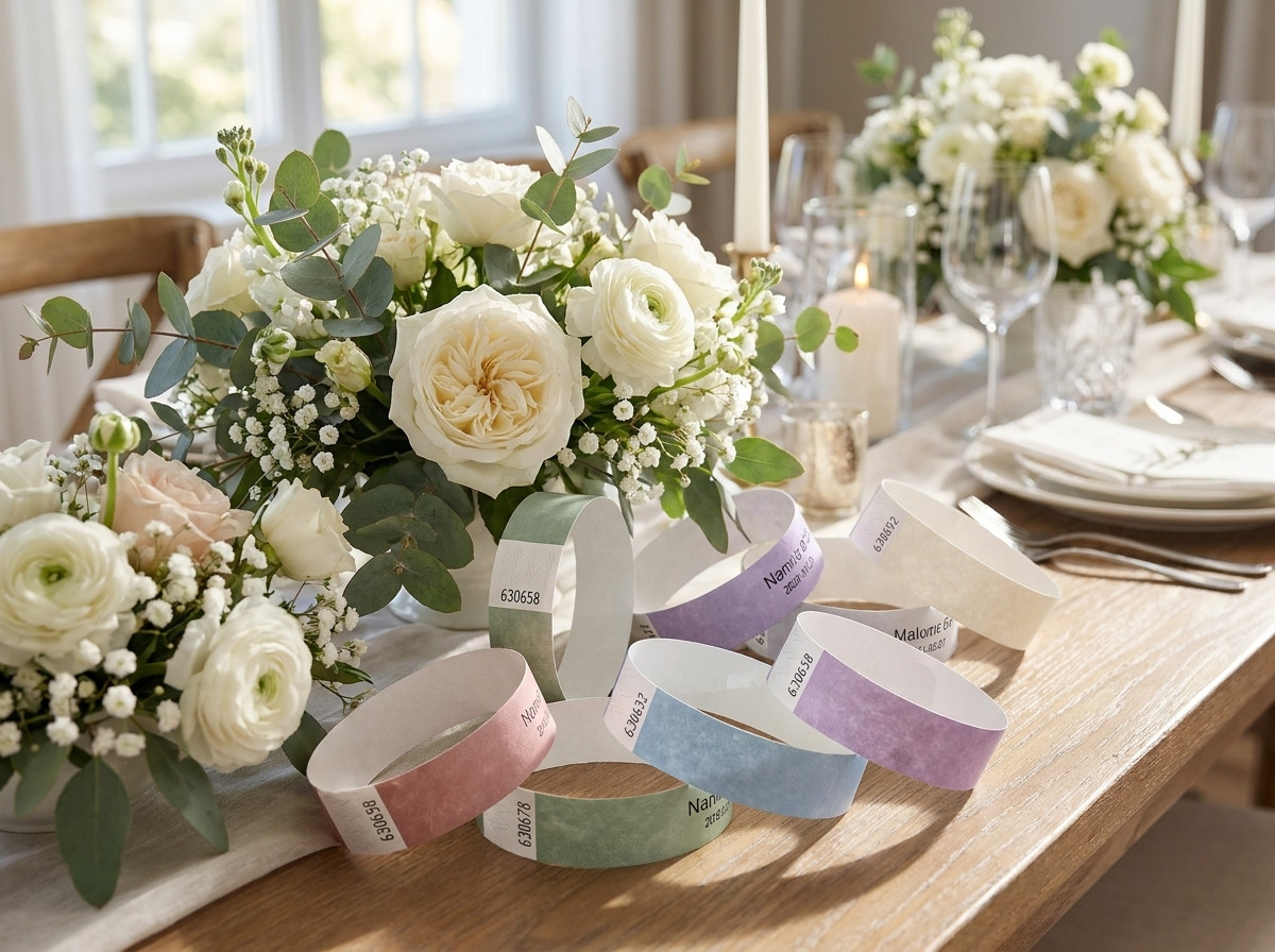 Pulseras Tyvek de colores personalizadas para una boda, dispuestas sobre una mesa de decoración floral