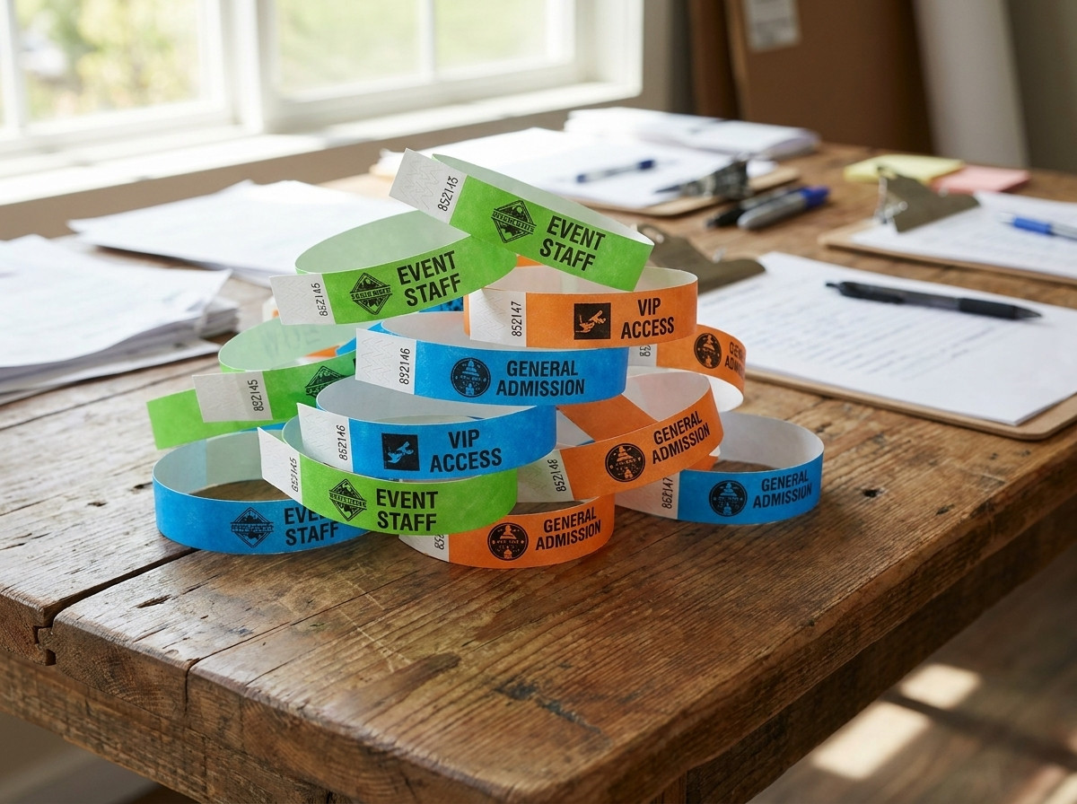 Pulseras Tyvek personalizadas con logo y numeracion preparadas para un festival o seminario de empresa