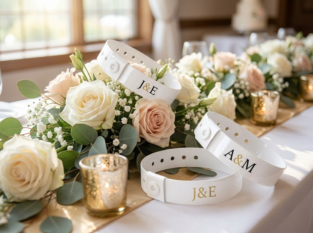Pulseras de boda personalizadas en blanco con iniciales doradas dispuestas sobre una mesa de decoracion floral