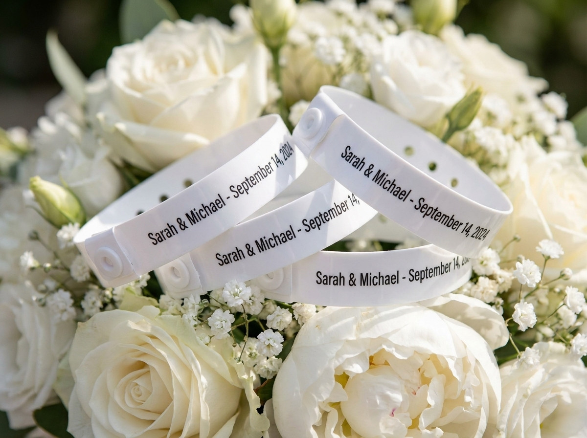 Pulseras de ceremonia de boda personalizadas en blanco con los nombres de los novios y la fecha impresos en dorado, colocadas sobre un ramo de flores blancas