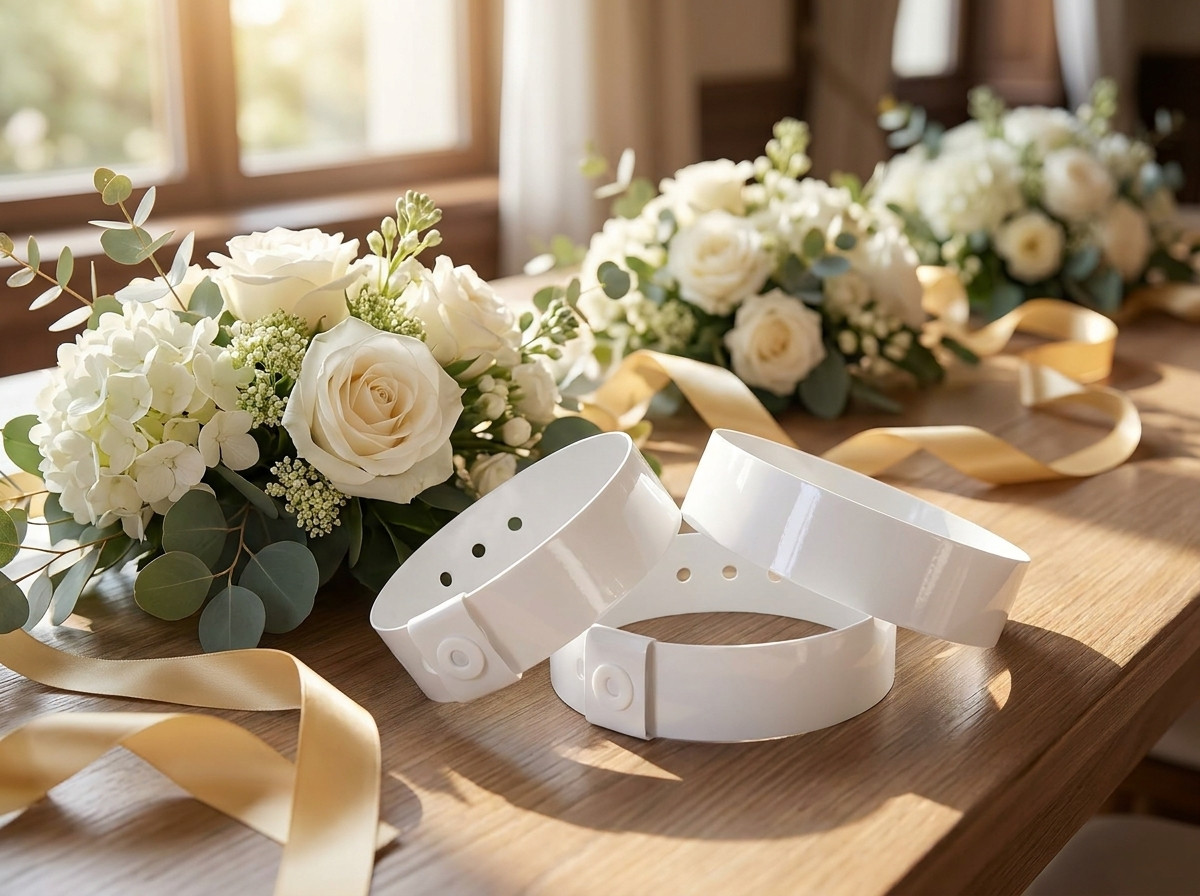 Pulseras VIP de boda personalizadas en colocadas sobre una mesa decorada con flores blancas y cintas doradas