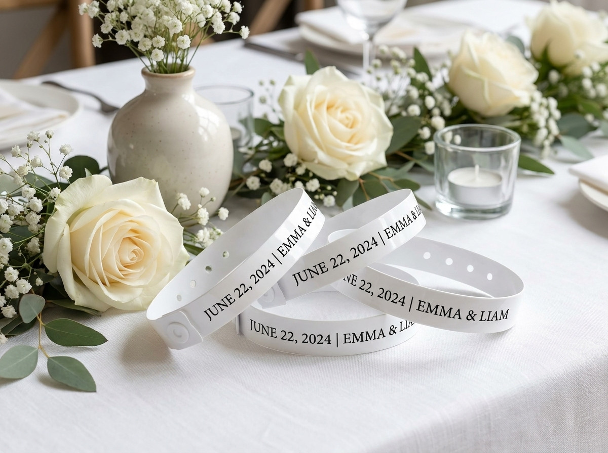 Pulseras Tyvek blancas personalizadas con los nombres de los novios y la fecha, colocadas sobre una mesa de boda decorada con flores