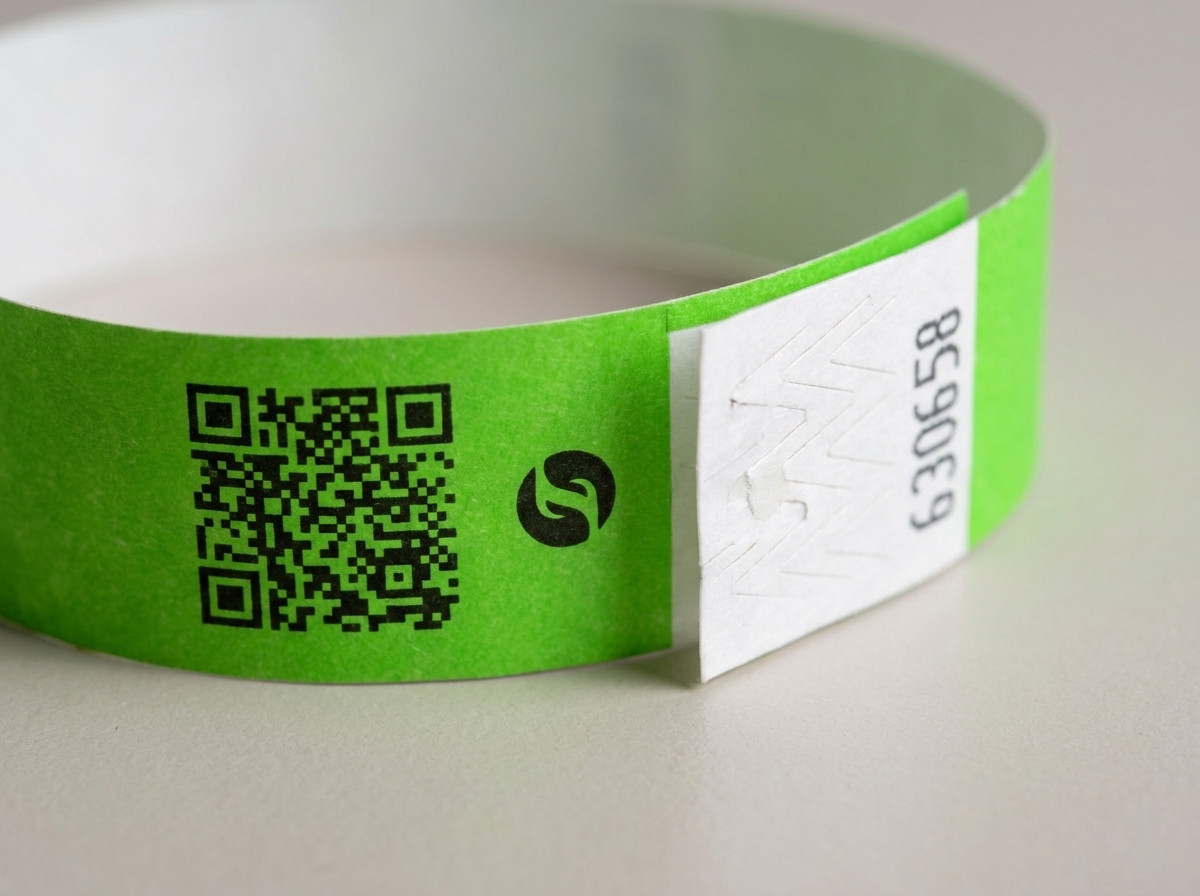 Primer plano de una pulsera identificativa con codigo QR y logo impresos en alta definicion