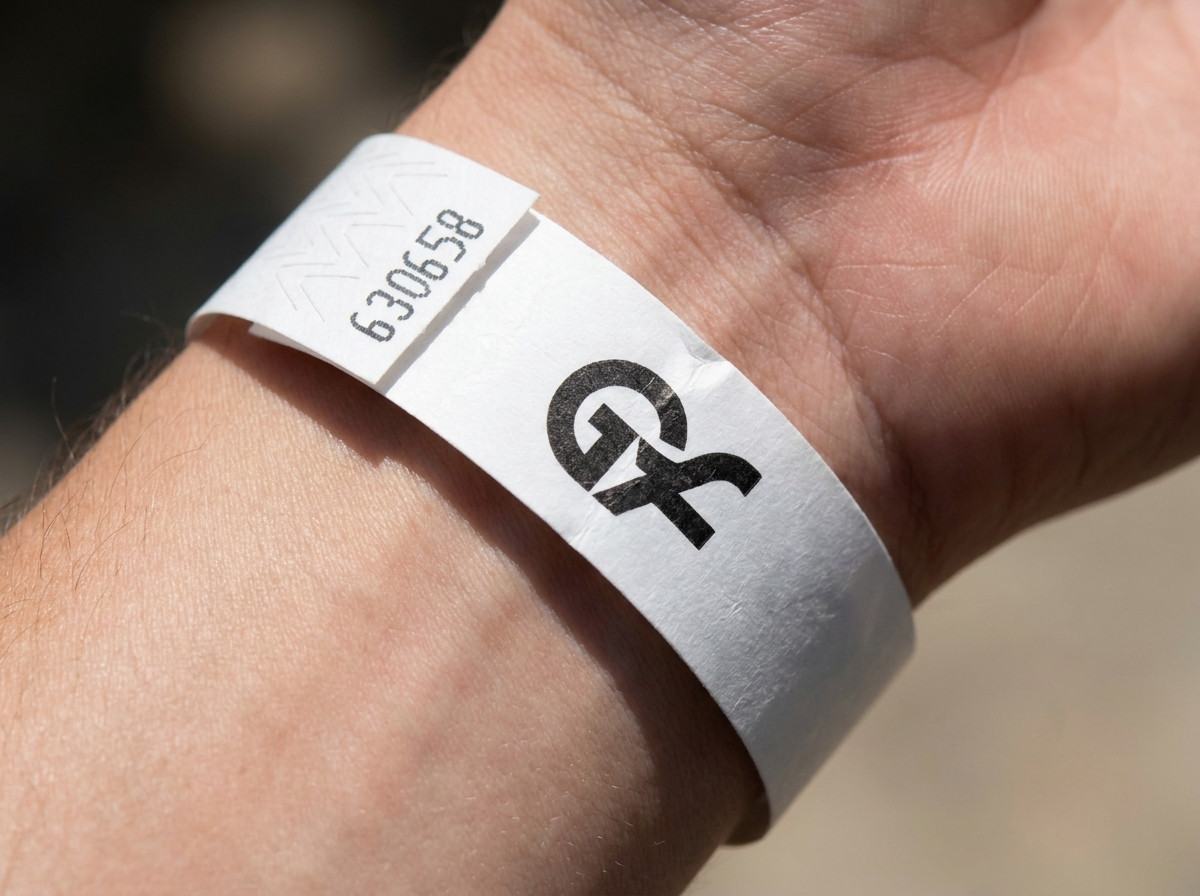 Primer plano de una pulsera de papel blanco con un logo impreso en color, cerrada en una muneca