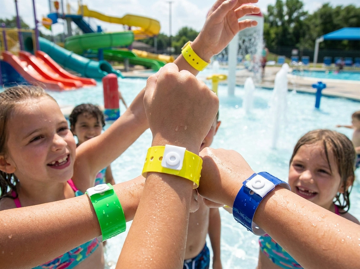 Pulseras de vinilo impermeables de colores llevadas por ninos en un parque acuatico soleado