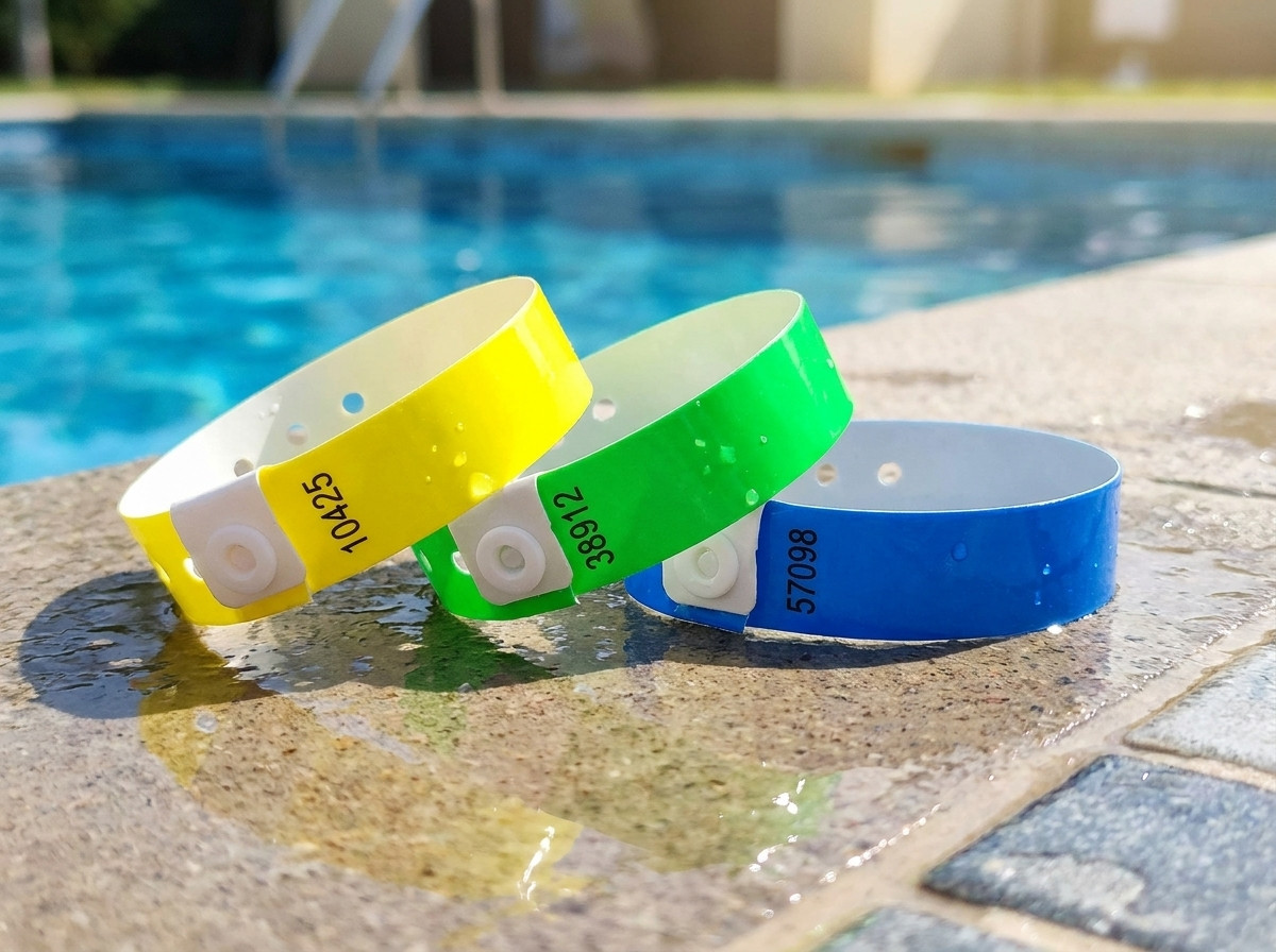 Pulseras de vinilo PVC personalizadas para abono de piscina, con número de abonado y código QR, colocadas en el borde de una piscina