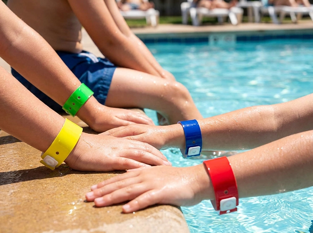 Pulseras de vinilo de colores amarillo verde azul rojo llevadas por niños a orillas de una piscina interior durante una clase de natación