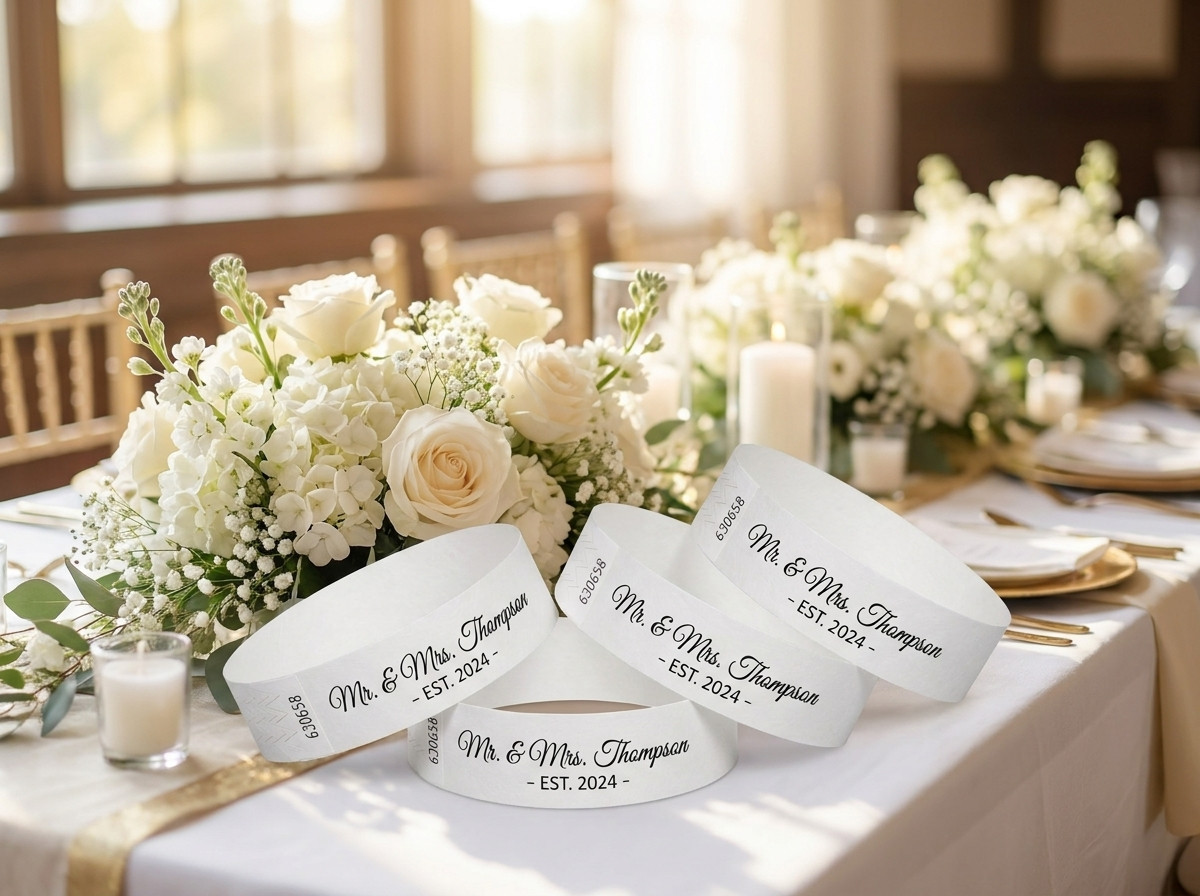 pulseras identificativas blanco personalizadas con el nombre de los novios y la fecha de la boda, presentadas sobre una mesa decorada con flores blancas