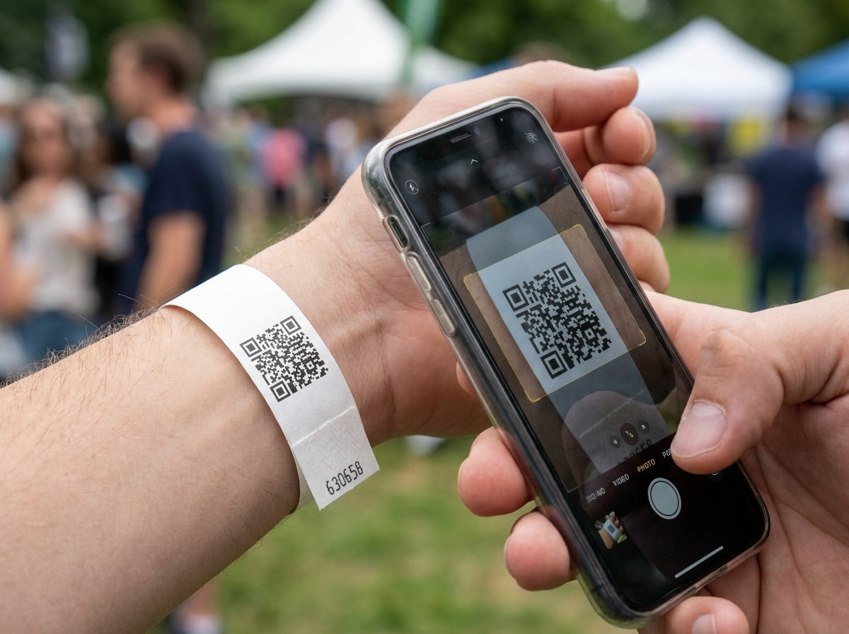 Primer plano de una pulsera Tyvek blanca con un codigo QR impreso en negro, escaneada por un smartphone durante un control de acceso en la entrada de un festival