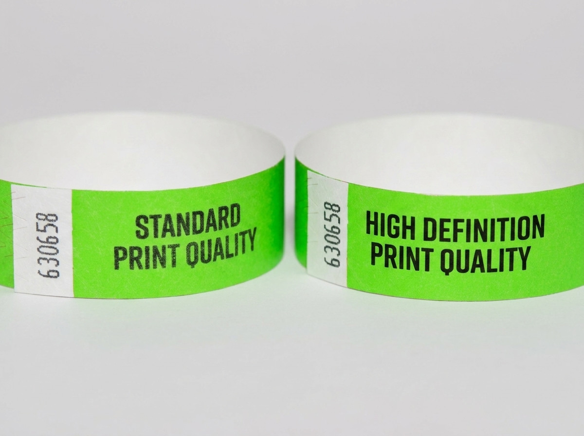 Comparacion en paralelo de una pulsera Tyvek y una pulsera identificativa, cada una con un codigo QR impreso en alta definicion con diseno de evento en color