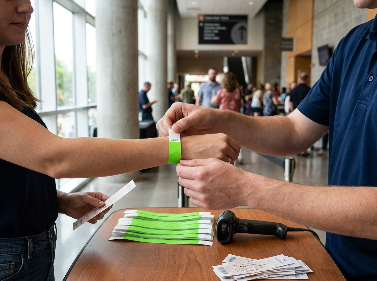 Mesa de control de acceso en un festival, con pulseras Tyvek de codigo QR apiladas listas para distribuir y un agente que escanea la muneca de un participante con un telefono