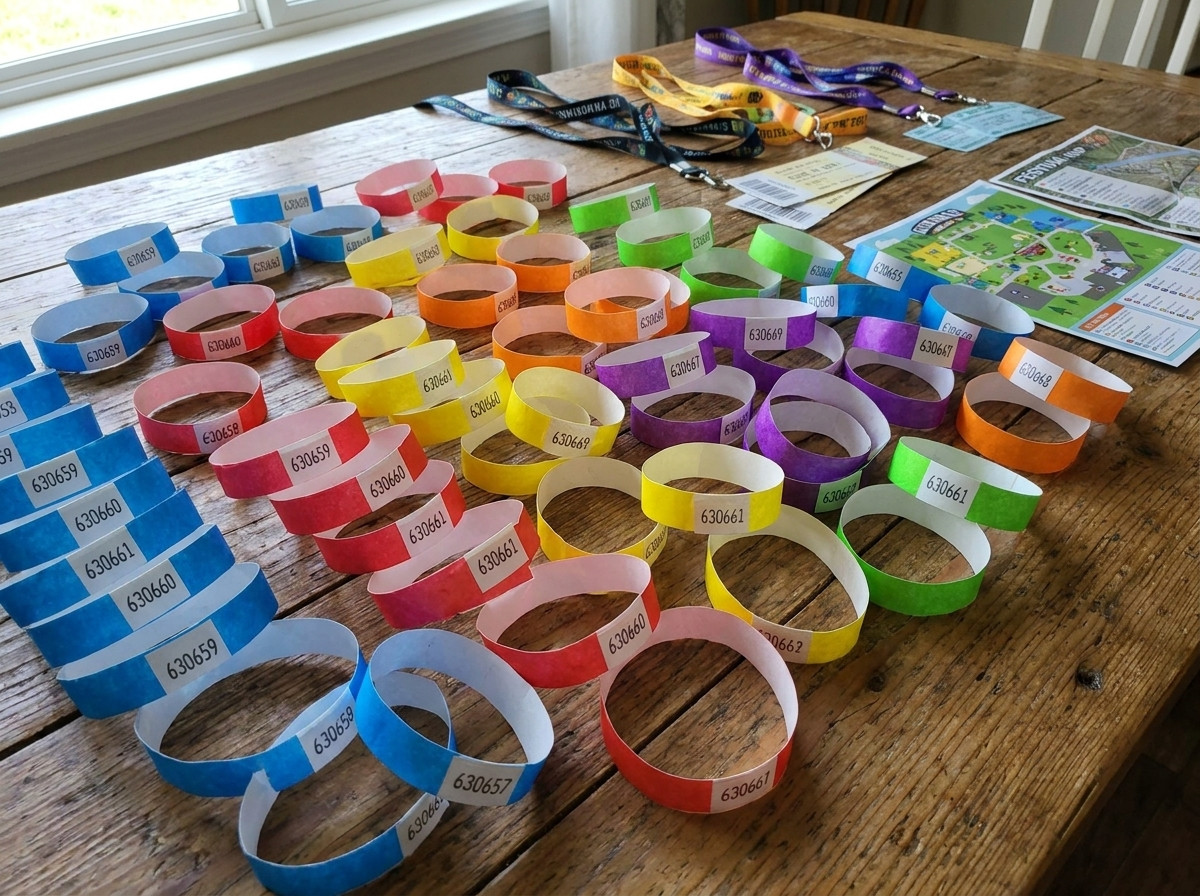 Pulseras de seguridad en antitransferencia de colores preparadas para un gran festival, mostrando los cierres inviolables y la numeracion secuencial impresa
