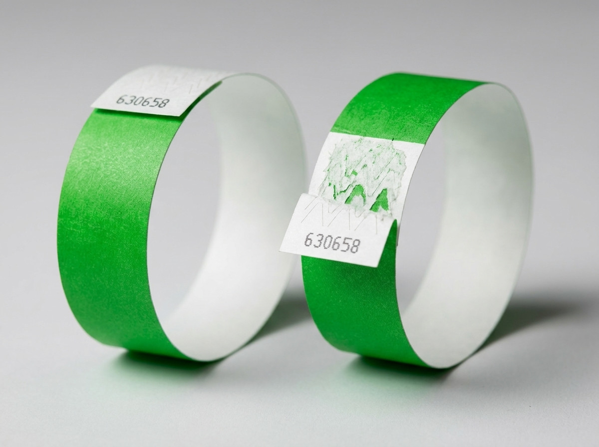 Comparacion lado a lado de una pulsera Tyvek y una pulsera identificativa personalizadas para un evento, ilustrando las diferencias de material, grosor y cierre