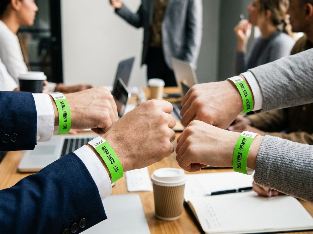 pulseras identificativas nominativas para conferencia profesional, con nombre y cargo impresos en alta definición, llevadas en la muñeca de participantes durante un congreso