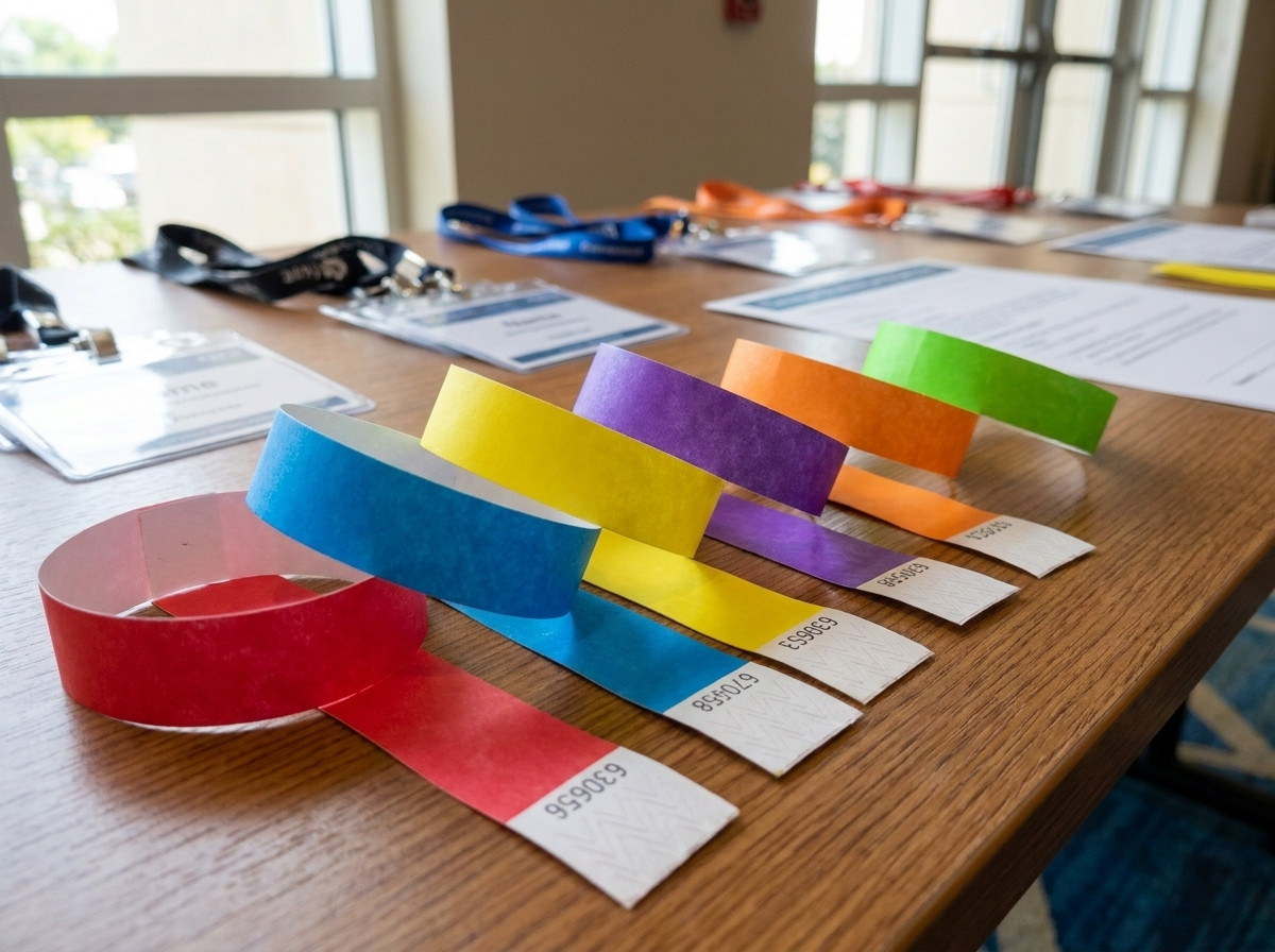 pulseras identificativas personalizadas dispuestas sobre una mesa de acreditación en un congreso profesional de varios días, con logos y códigos de colores distintos por tipo de pase