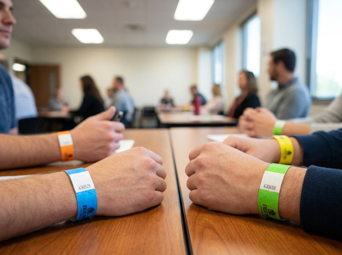 Pulseras Tyvek de colores llevadas por candidatos sentados en mesas de formación en sala, con logo y numeración secuencial visibles