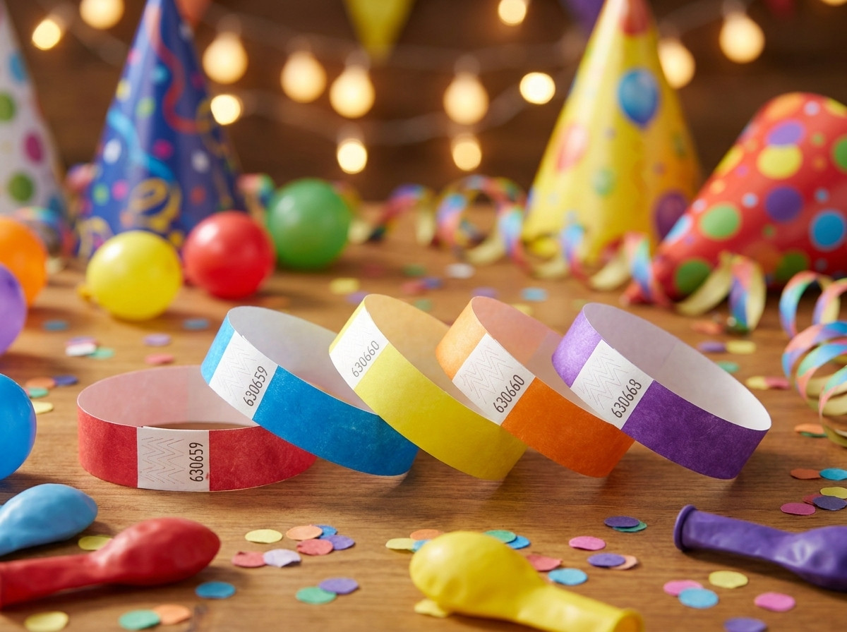 Pulseras de fiesta personalizadas en Tyvek de colores, impresas en HD, colocadas sobre una mesa con decoraciones de fiesta